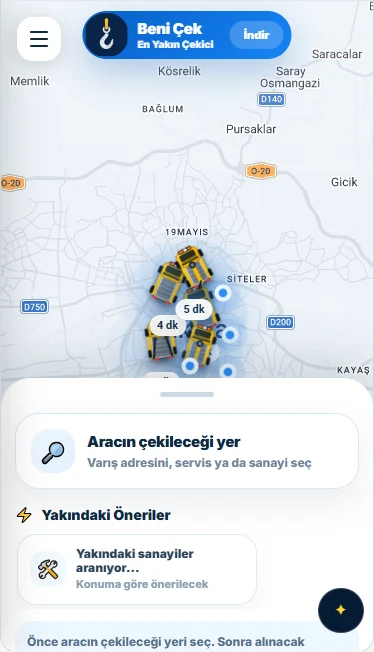 Beni Çek uygulamasında canlı yol yardımı talebi