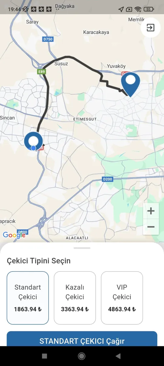 Beni Çek uygulamasında çekici türü ve fiyat seçenekleri