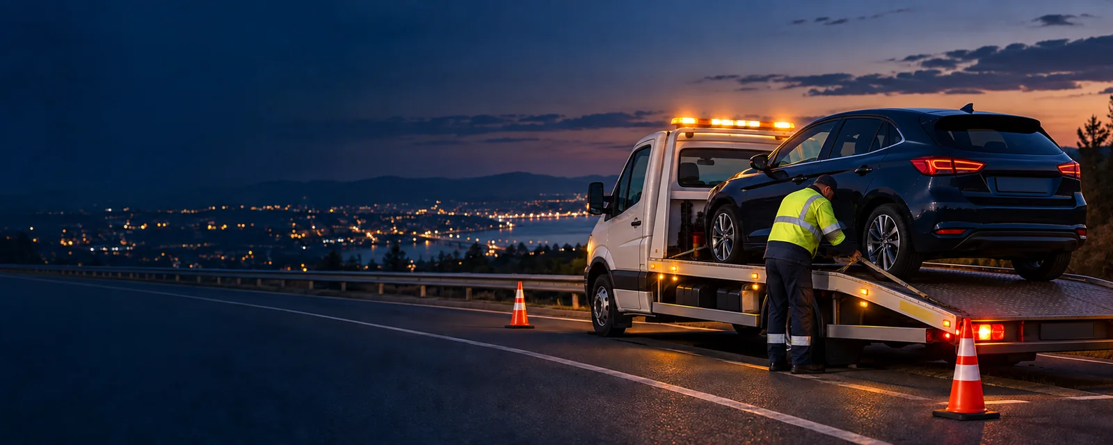 Yol kenarında aracı güvenle yükleyen çekici görevlisi